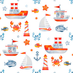 sea pattern seamless. watercolor drawn cartoon illustration ship, boat, sailboat, fish, octopus, crab, lighthouse, sea, ocean isolated on white blue background. design for print cloth, fabric, textile