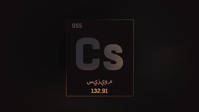 Cesium as Element 55 of the Periodic Table. Seamlessly looping 3D animation on grey illuminated atom design background orbiting electrons name, atomic weight element number in Arabic language