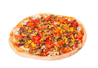 Pizza with mushrooms, corn, cherry tomatos, courgettes and bell peppers or Veggie Vegetarian pizza. Italian tasty pizza isolated on white background with clipping path, angle view