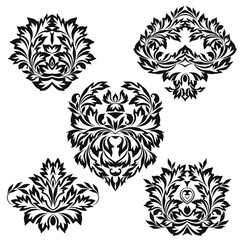 Set of vintage stencils for design. Black and white beautiful pattern with leaves. Vector clipart.