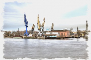 Naklejka premium Saint Petersburg, cityscape. Imitation of a picture. Oil paint. Illustration