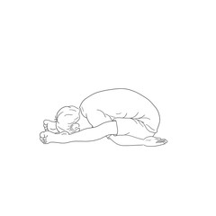 Kids Yoga - Joga für Kinder, Asana Gürteltier, horizontal Banner Design Concept Cartoon. Junge barfuß in Yoga Haltung, macht fröhliches Gesicht. Yogi Logo auf Hintergrund in weiß.