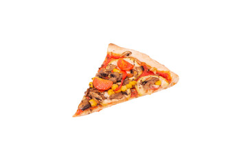 A slice of pizza isolated on white background with clipping path, angle view. Delicious pizza with mushrooms, corn, cherry tomatos, courgettes and bell peppers or Veggie Vegetarian pizza