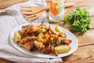 appetizer, background, barbecued, calorie, chicken, chips, crunchy, cuisine, cutting, delicious, diet, dining, dinner, dish, food, fried, garnish, grill, grilled, group, hen, herb, leaves, leg, lunch,