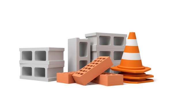 3d rendering of pile of gray hollow and red perforated bricks with orange and white safety cone standing beside isolated on white background