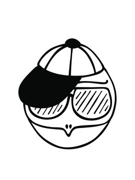 Black line art outline vector cartoon drawing illustration sketch of a hipster penguin or turtle in sunglasses and a cap isolated on white background.