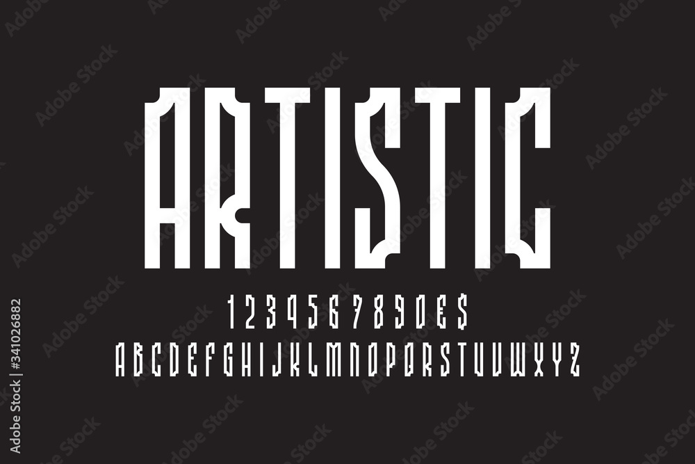 Poster artistic abstract display font in old classic minimal style. white letters, numbers and currency sig