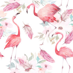 Watercolor seamless pattern. Floral print with flamingo and feathers on white background © natikka