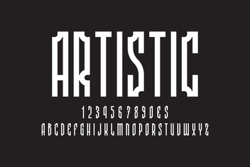 Artistic abstract display font in old classic minimal style. White letters, numbers and currency signs. Elegant english alphabet. Vector creative lettering.