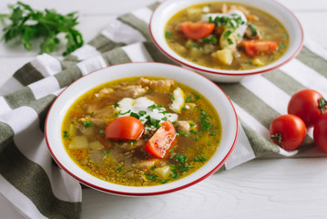 Two plates of chicken soup with vegetables, lentils and sour cream. Large slices of tomato and chopped parsley. On a white wooden table and a kitchen towel.