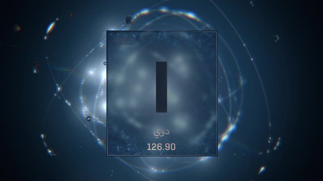 Iodine as Element 53 of the Periodic Table. Seamlessly looping 3D animation on blue illuminated atom design background orbiting electrons name, atomic weight element number in Arabic language