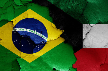 flags of Brazil and Kuwait painted on cracked wall