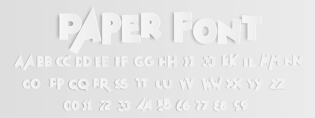 Floating paper letters and numbers of the alphabet on light gray background.vector illustration. - obrazy, fototapety, plakaty