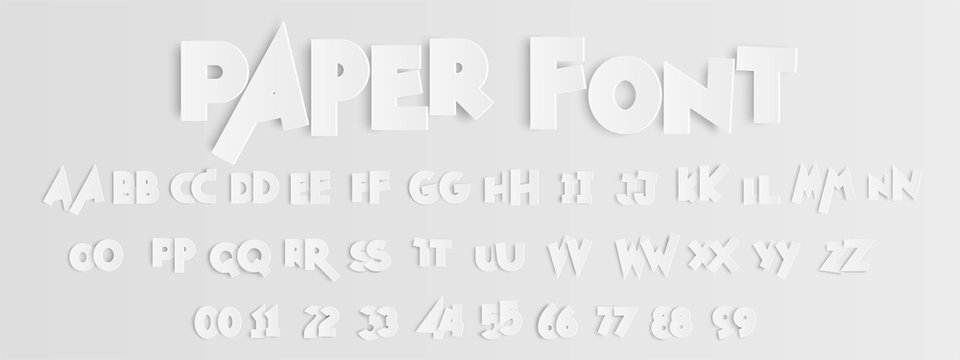 Floating paper letters and numbers of the alphabet on light gray background.vector illustration.