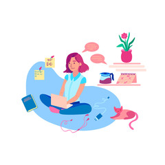 Young woman work on freelance at home interior with cat. Girl with laptop working comfortably. Freelancer, remote job, self-employed concept. Flat cartoon vector illustration.