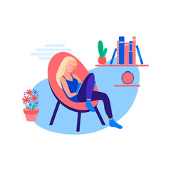 Young woman work on freelance at home interior. Girl with laptop working comfortably sitting on a chair. Freelancer, remote job, self-employed concept. Flat cartoon vector illustration.