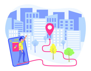 Fast internet delivery concept. Courier  going with box with products from grocery store, shop or supermarket. Flat vector stock illustration. The phone shows the last destination