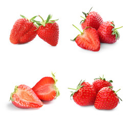 Fototapeta na wymiar Set with delicious sweet strawberries on white background
