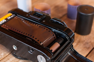 loading 35mm film into an old analog camera