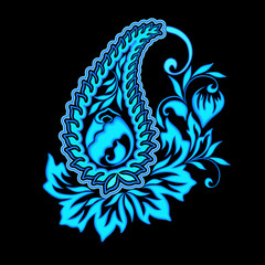 Paisley - blue floral folk art pattern. Traditional ethnic ornament. Object isolated on black background. Vector print.