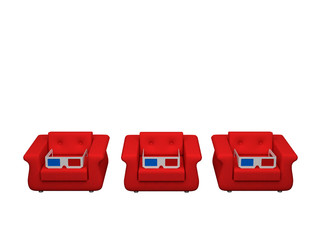 Sillones rojos con gafas 3D ,ilustración con fondo blanco