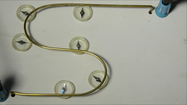 Magnetic field around a conductor. The compass needles align to the field generated by the current when current is on oherwise the geomagnetic poles. Black on the compass needles is north pole.