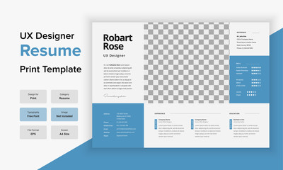 Resume and Cover Letter with Blue and Gray Accents. Minimal Resume Layout with blue Accent for Ux designer.
