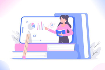 Online education and e-learning concept. Young female mentor in smartphone on books pointing on elements on screen during video. Distance education and video lesson concept, vector illustration