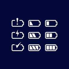 Battery charge icons. Powered indicator, charging empty batteries and low battery power icon. Smartphone charge level indicating or laptop battery status. Isolated vector signs illustration set