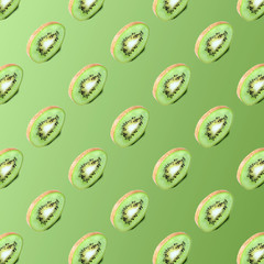 Kiwi slices pattern on a green background. Food texture. Kiwi seamless texture.