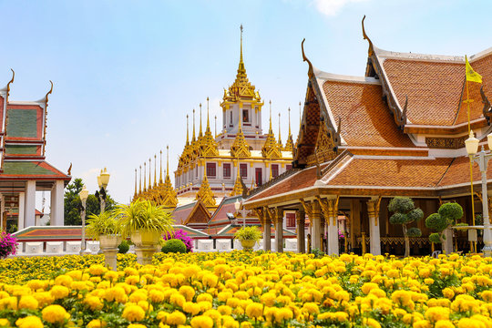 The Buddhist temple is the Loha Prasat in Bangkok. Thailand Bangkok March 2020