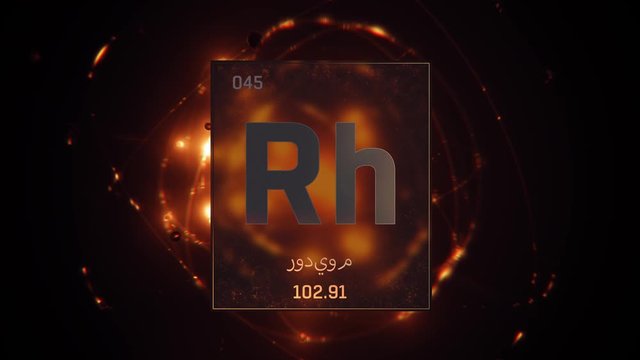 Rhodium as Element 45 of the Periodic Table. Seamlessly looping 3D animation on orange illuminated atom design background orbiting electrons name, atomic weight element number in Arabic language