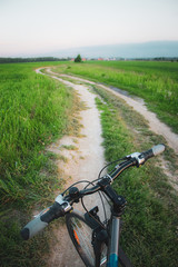 Fototapeta na wymiar Bicycle steering wheel and gravel road in green summer field
