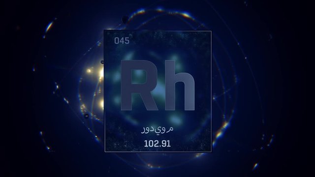 Rhodium as Element 45 of the Periodic Table. Seamlessly looping 3D animation on blue illuminated atom design background orbiting electrons name, atomic weight element number in Arabic language