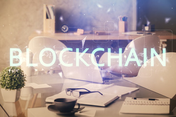 Double exposure of crypto technology theme drawing and office interior background. Concept of blockchain.