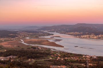 Aerial view at sunset of the La Guardia area, in Galicia, Spain.