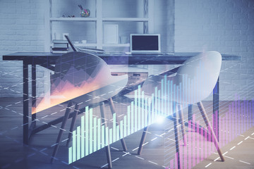 Multi exposure of financial graph drawing and office interior background. Concept of market...