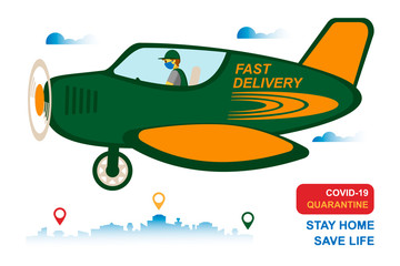 Online delivery service, order tracking, home and office delivery. A courier in a respiratory mask and gloves delivers goods on a bicycle. Vector illustration of a coronavirus pandemic. Quarantine