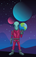 Naklejka premium alien lifting earth planet in the space character