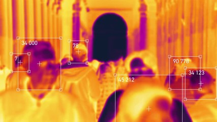 Crowded street with commuters walking. Artificial intelligence and facial recognition are used for surveillance purposes. Individual data tracking with thermal camera. Deep learning. Futuristic.