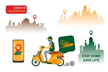 Fototapeta premium Online delivery service, order tracking, home and office delivery. A courier in a respiratory mask and gloves delivers the goods on a scooter. Vector illustration of a coronavirus pandemic. Quarantine