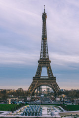 Fototapeta na wymiar Cityscape of the Eiffel Tower from Paris, the city of love. with the sky marked and colorful