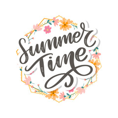 Green summer time letter flowers in modern style on colorful background. Greeting invitation vector illustration. Floral bouquet decoration. Decoration element.