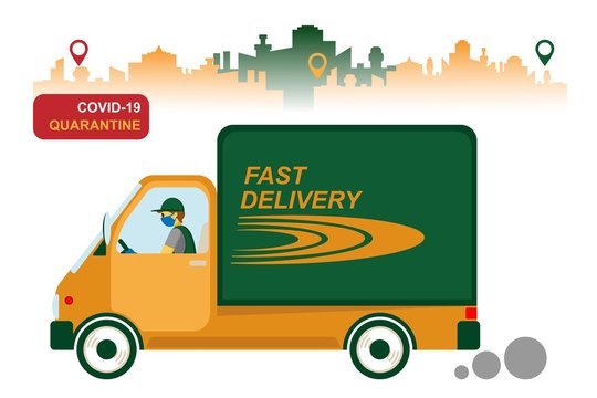 Online delivery service, order tracking, home and office delivery. A courier in a respiratory mask and gloves delivers the goods on a truck. Vector illustration of a coronavirus pandemic. Quarantine