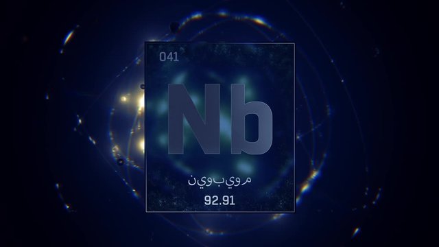 Niobium as Element 41 of the Periodic Table. Seamlessly looping 3D animation on blue illuminated atom design background orbiting electrons name, atomic weight element number in Arabic language