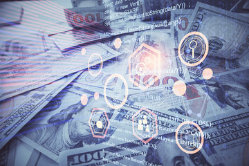 Double exposure of data theme drawing over us dollars bill background. Technology concept.
