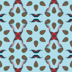 Seamless pattern with the abstract ornate ornament on the light blue background