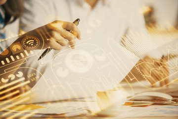 Double exposure of technology theme drawing over people taking notes background. Concept of Tech