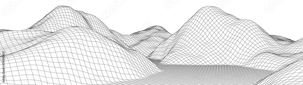 Poster vector wireframe 3d landscape. technology grid illustration. network of connected dots and lines. fu