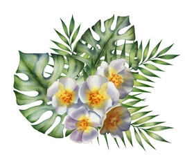 Watercolor illustration with tropical flowers and leaves isolated on the white background.Hand painted watercolor clipart.